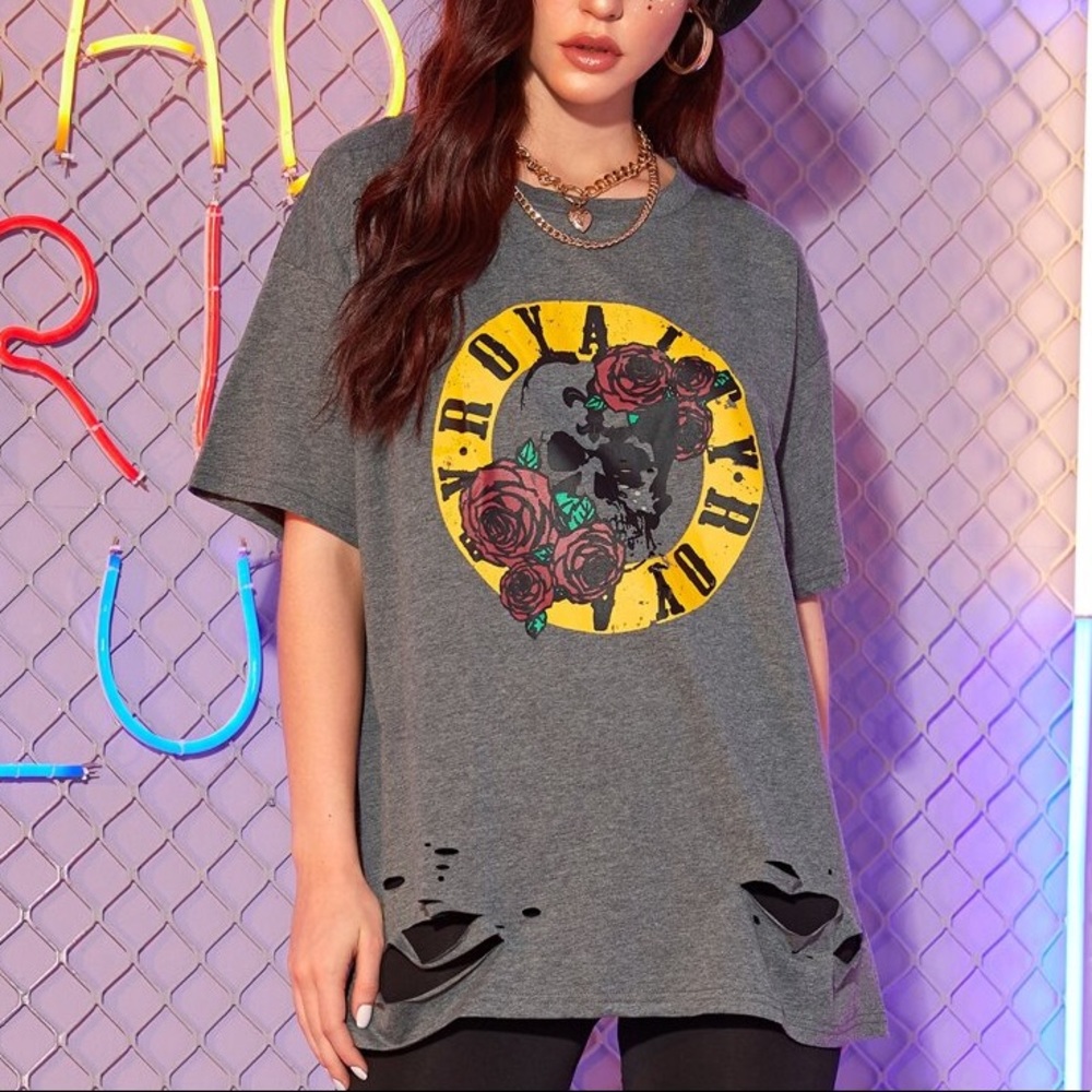 Skull and floral distressed bf tee, size small.